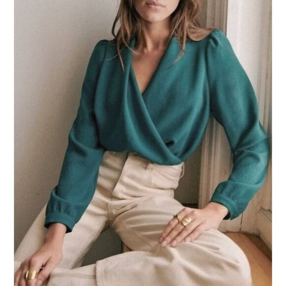 Sezane Tops - Sezane Bottle Green Abelia Faux Wrap Blouse Long Sleeve V-Neck Size 42 / US 10
